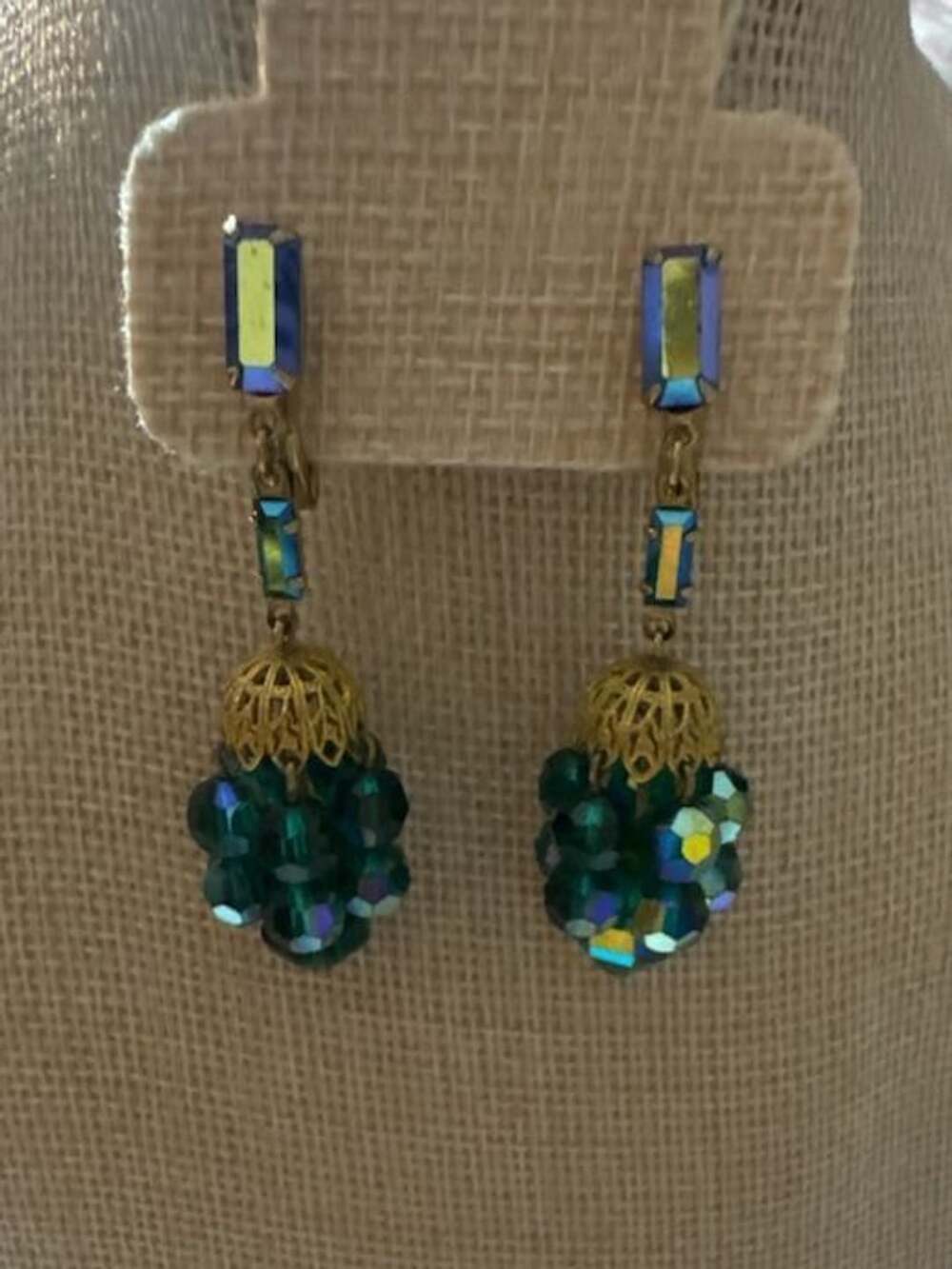 Lewis Segal Green Aurora Borealis AB Crystal Dangle Clip-on Earrings